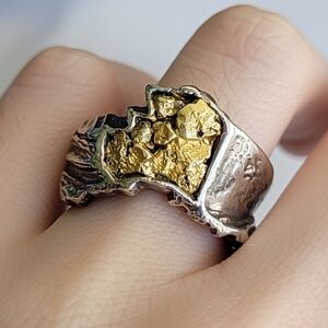 Raw Gold Nugget In Sterling Silver Textured Women's Ring Sz 7 Antique 22k Or 18k